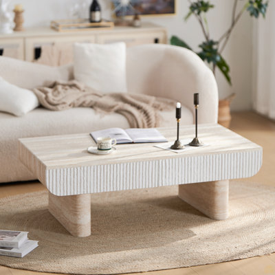 Table basse avec plateau en faux marbre, table basse avec tiroir cannelé, table basse