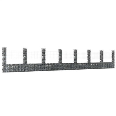 U Shape Gabion Basket with 8 Posts Iron 338.6 x 7.9 x 59.1 in Outdoor Stone Retaining Wall
