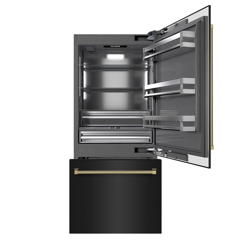 ZLINE Autograph 36 in. Black Steel Built-In Refrigerator w/ Gray Interior & Gold Helix Handles, Gold