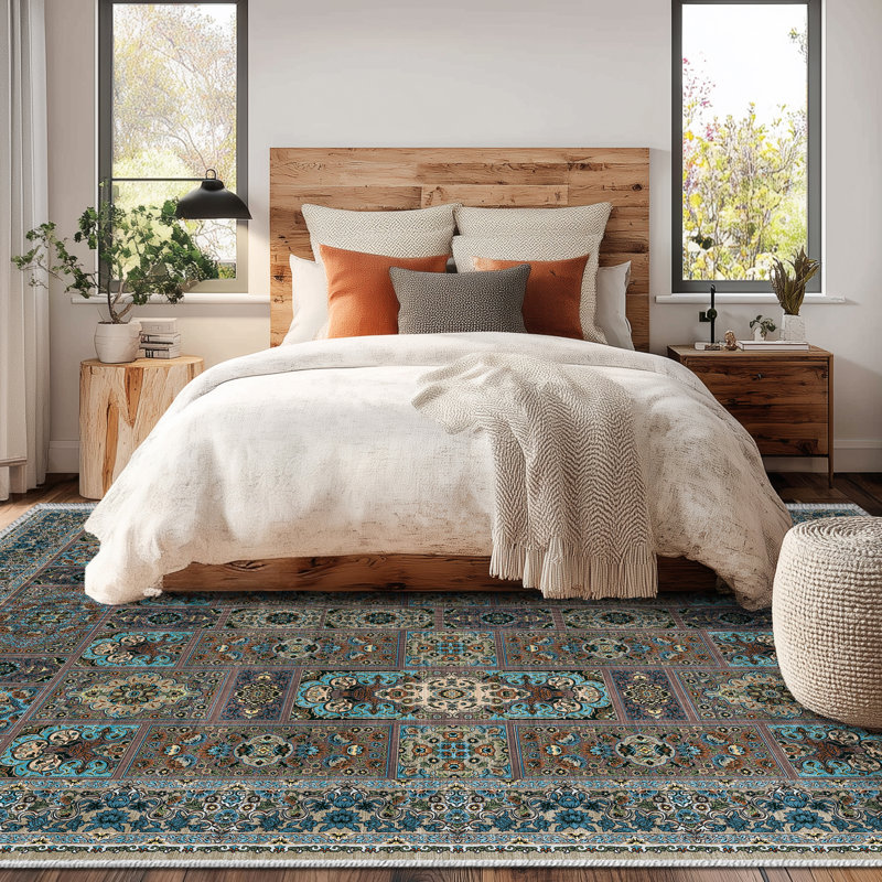 Oriental Mosaic Block Multi Performance Machine Washable Non Slip Area Rug, Rectangle 9' x 12'
