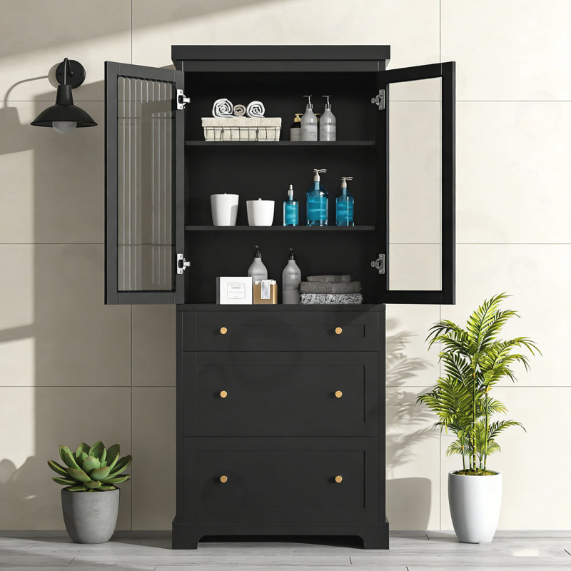 Grande armoire de salle de bain avec 2 tablettes réglables et portes en verre, Noir