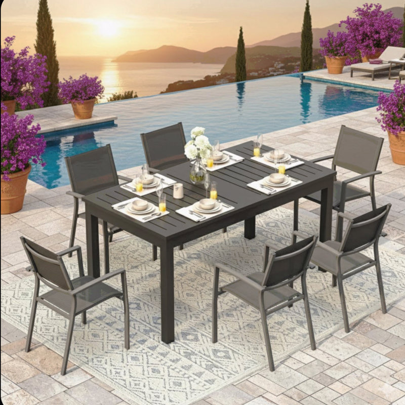 Table de salle à manger d'extérieur en aluminium 63 "à 92", table de patio grise toutes saisons