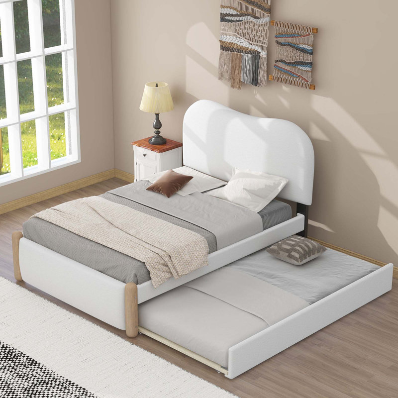 Lit plateforme simple tapissier avec pieds de support en bois et lit gigogne simple, Lit simple, Blanc