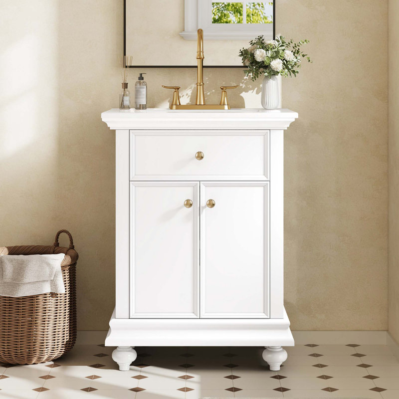 Meuble-lavabo moderne avec tiroir basculant et charnières à fermeture en douceur, Blanc