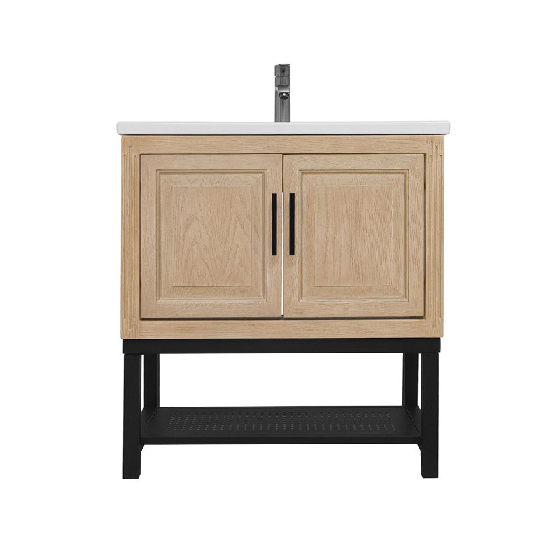 Meuble-lavabo 32 po avec lavabo en céramique blanc et robinet d'eau chaude et froide, armoire de salle de bain autoportante avec 2 portes de rangement et tablette ouverte en fer pour la salle de bain