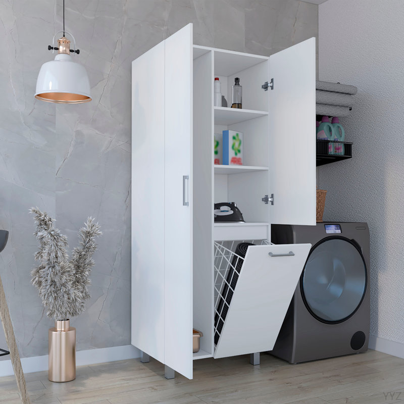 71" High Two-Door Broom Closet With Hamper, Four Shelves, Hangers, Storage Closet, Pantry Cabinet