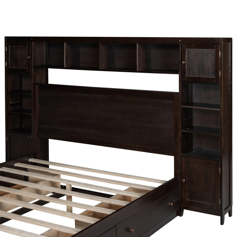 Grand lit avec structure et accents en bois massif - Armoire intégrée, support de tablette