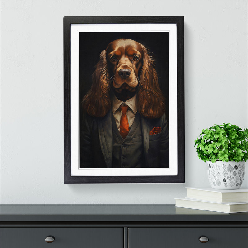 Cocker Spaniel In A Suit - Single Picture Frame Print on Wood, 46cm H x 34cm W x 2cm D, Black 