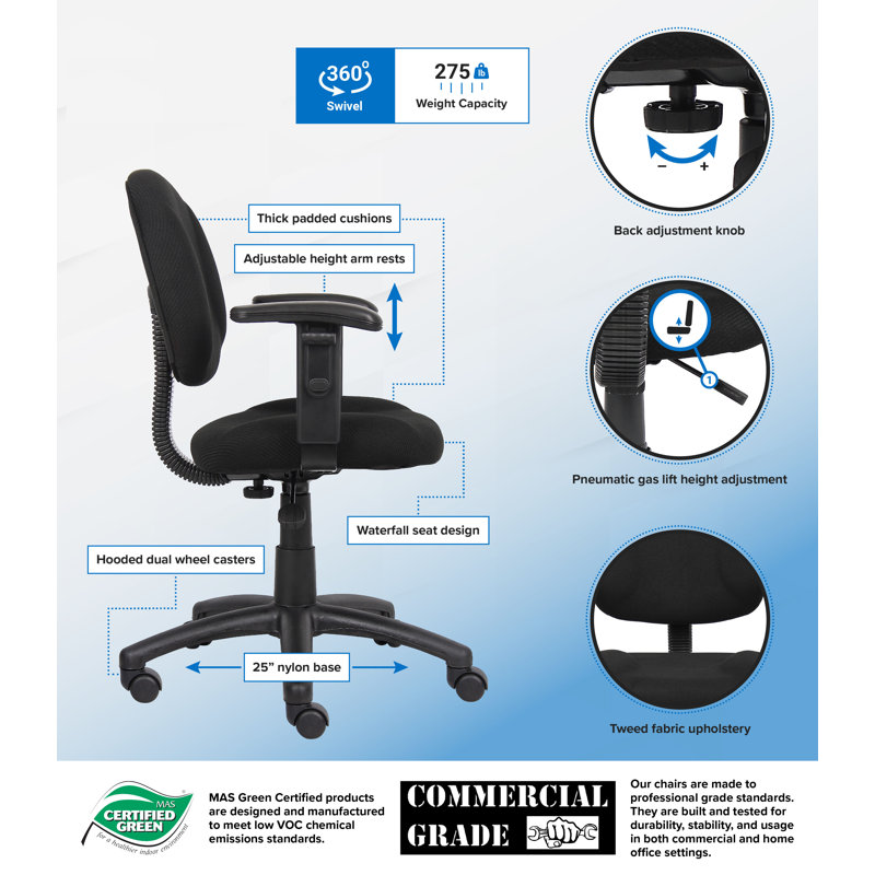 Task Chair, Black Tweed, Adjustable Arms