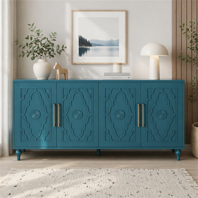 Grande armoire de rangement 63 po avec poignée en métal, portes à fleurs sculptées, console en bois Mordern avec tablettes réglables pour le salon, la cuisine et le vestibule