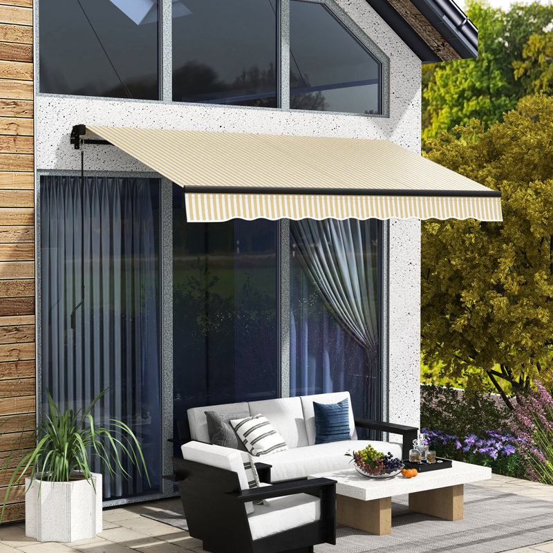 Auvent de jardin rétractable 12 pi x 10 pi, abri de soleil pour le patio avec manivelle, tissu protégé de 280 g / m², structure en aluminium stable, beige pour terrasse et balcon rétractable de 10 pi, manivelle avec parasol robuste