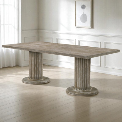 Rustic Rectangular Pedestal Dining Table With Fluted Columns – Distressed Wood Finish, Seats 6–8