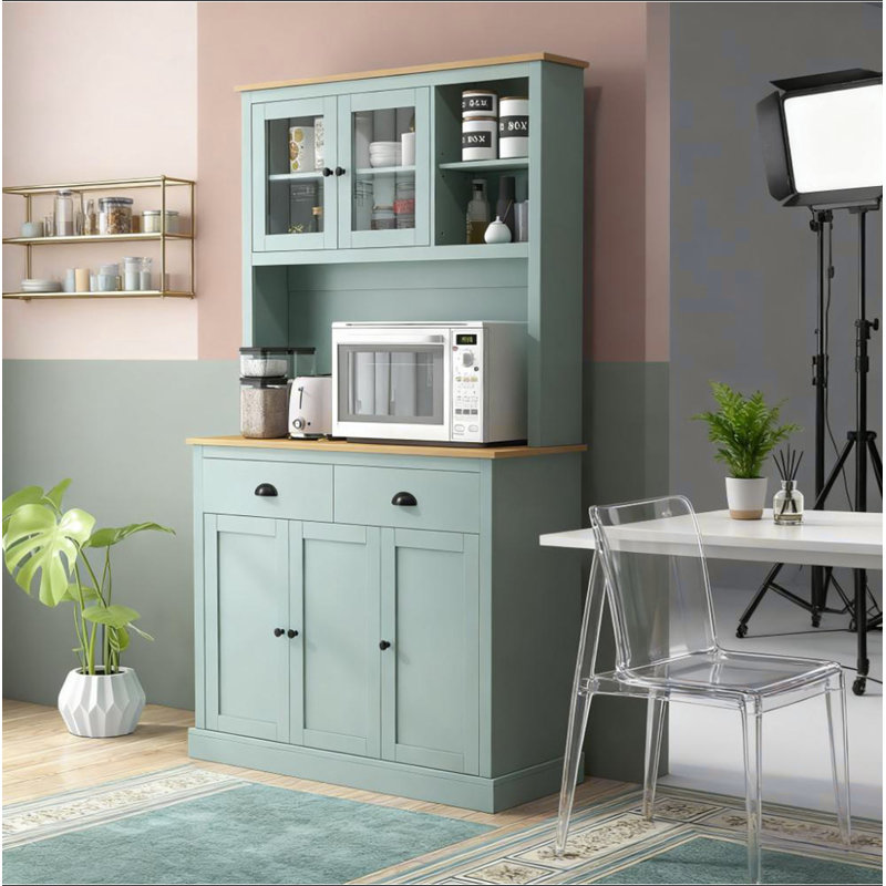 Buffet de cuisine autoportant avec huche avec tiroirs, portes en verre et tablettes réglables Pantry