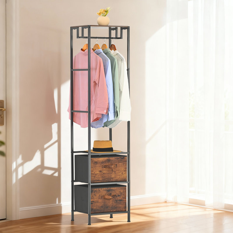 Portemanteaux en métal, support à vêtements autoportant pour petits espaces, 2 tiroirs en tissu, brun, Brun