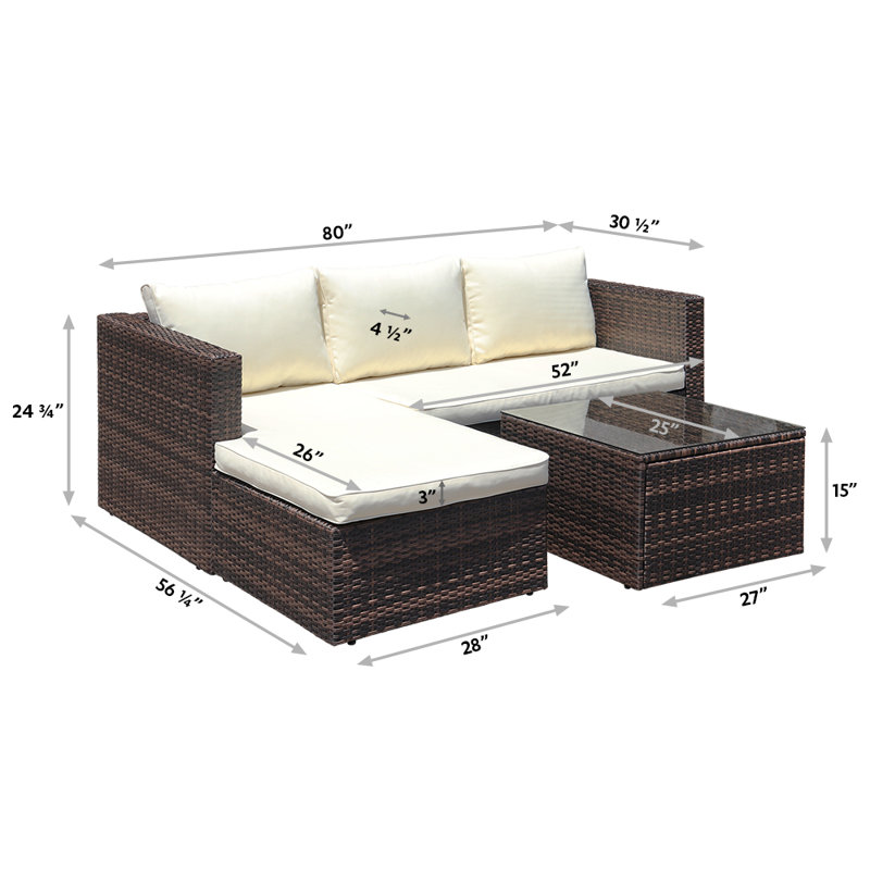 Aigar 3 - Person Patio Conversation Set with Cushions, Brown