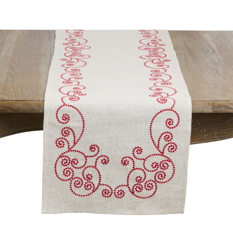 Chemin de table brodé à volutes, Rouge, 16"x90"