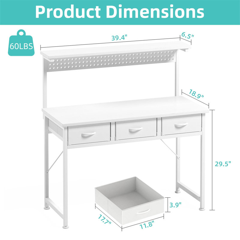 Metal Base Computer Desk with Power Outlet, White