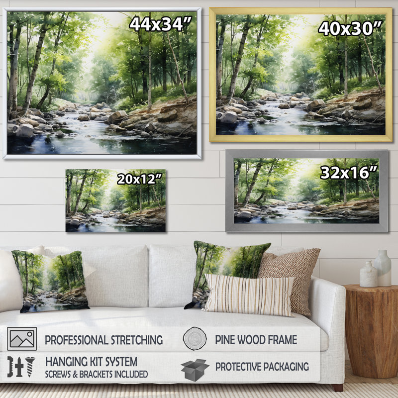 Rivière, forêt, trésor caché, paysage II, Cadre flottant blanc, H 30 po x l 40 po x P 1,5 po