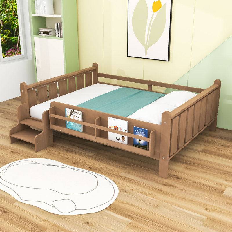 Lit en bois avec bibliothèques de rangement, Naturel, Lit double