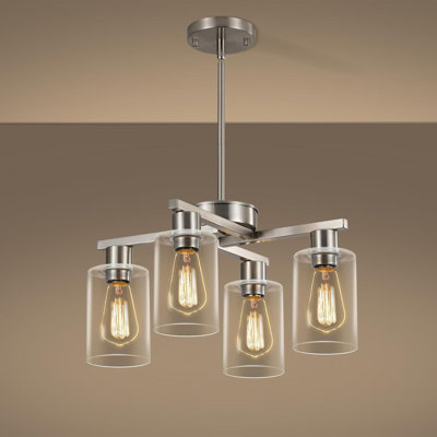 4-Light Adjustable Height Chandelier With Clear Glass Shades, Modern Farmhouse Industrial Pendant Lighting For Kitchen Island And Dining Room, Brushed Nickel Finish