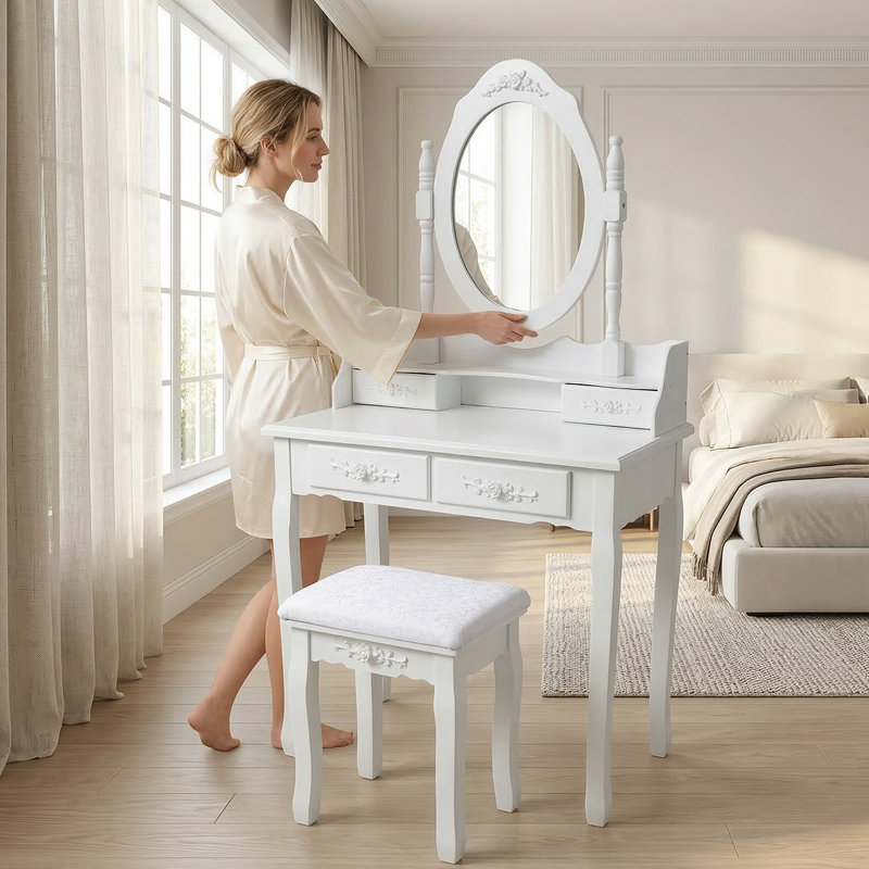 Makeup Vanity Table Set With 360Â° Mirror & Cushioned Stool - 4-Drawer Bedroom Dressing Desk, White