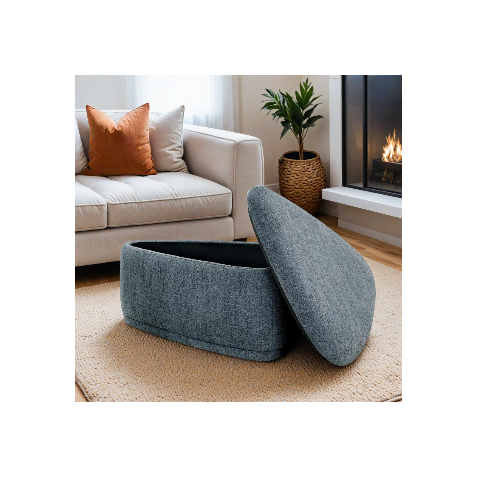 Adna 44'' Triangular Upholstered Storage Ottoman, Mellow Steel Blue Chenille
