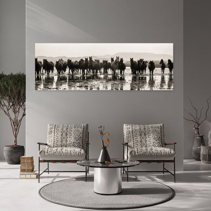 Wild Horses In Water 1 Piece Wrapped Canvas Panoramic Wall Art, 152.4 cm H x 50.8 cm W