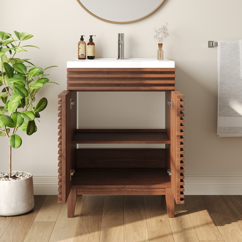 24" Walnut Freestanding Bathroom Vanity with Ceramic Sink