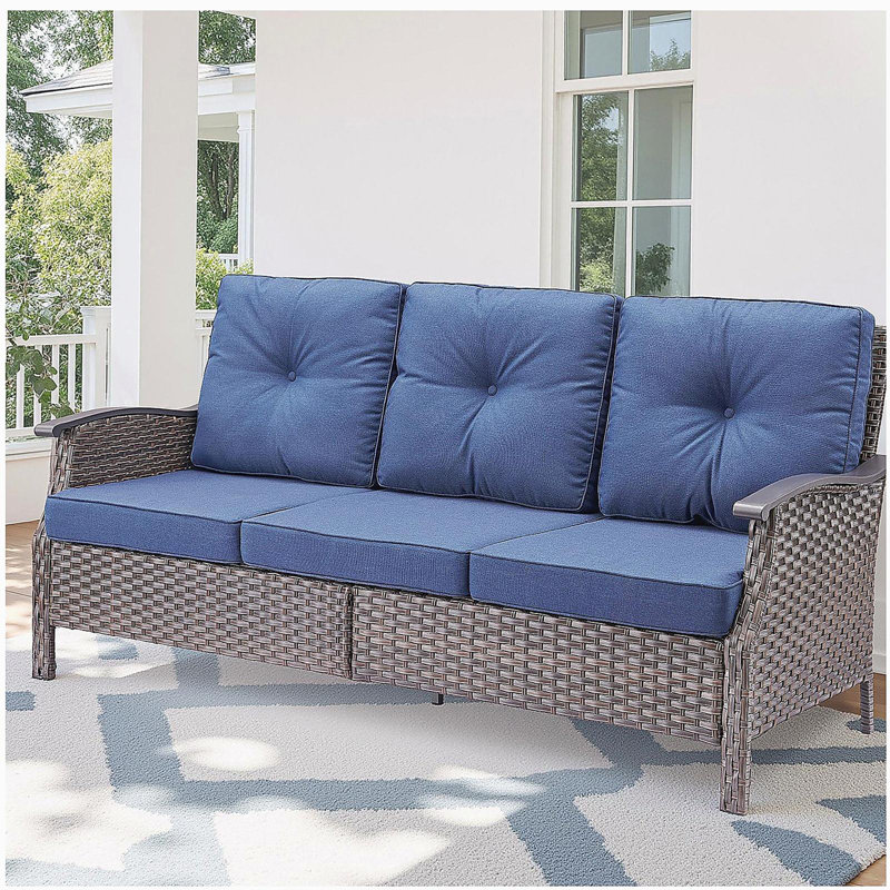 Canapé d'extérieur en osier de 73,4 po avec coussins bleus pour le jardin