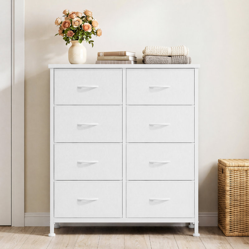 Commode de chambre à coucher avec commode haute 8 tiroirs, Blanc