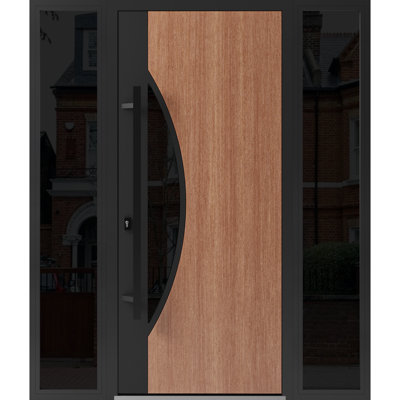 Porte avant en acier pré-suspendue avant / teck Ronex 1077/2 fenêtres extérieures latérales / entrée latérale en métal peint moderne l 12 + 36 + 12 po x H 80 po à droite