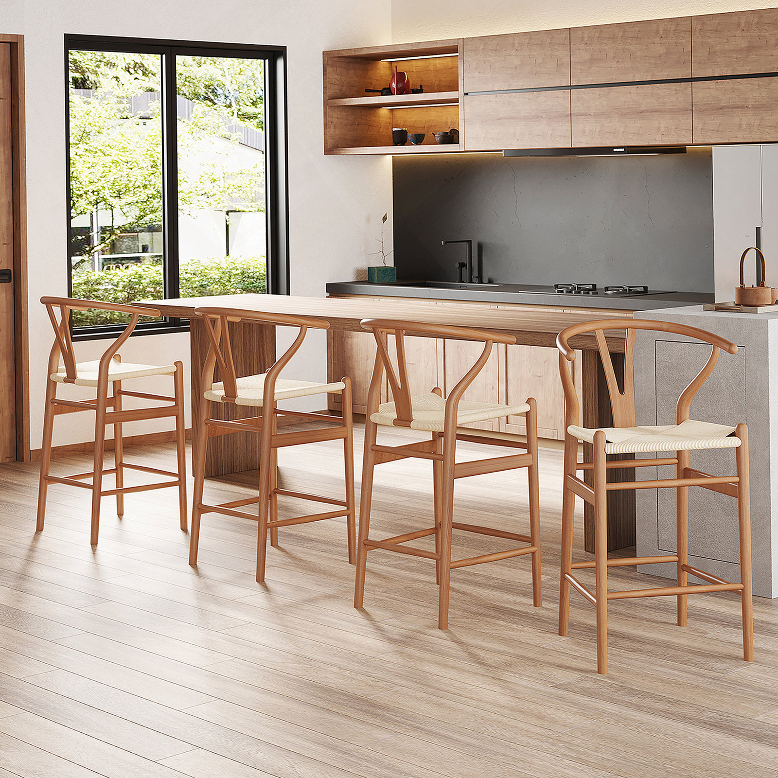 Margo 27" Bar Stool, Beige/Walnut