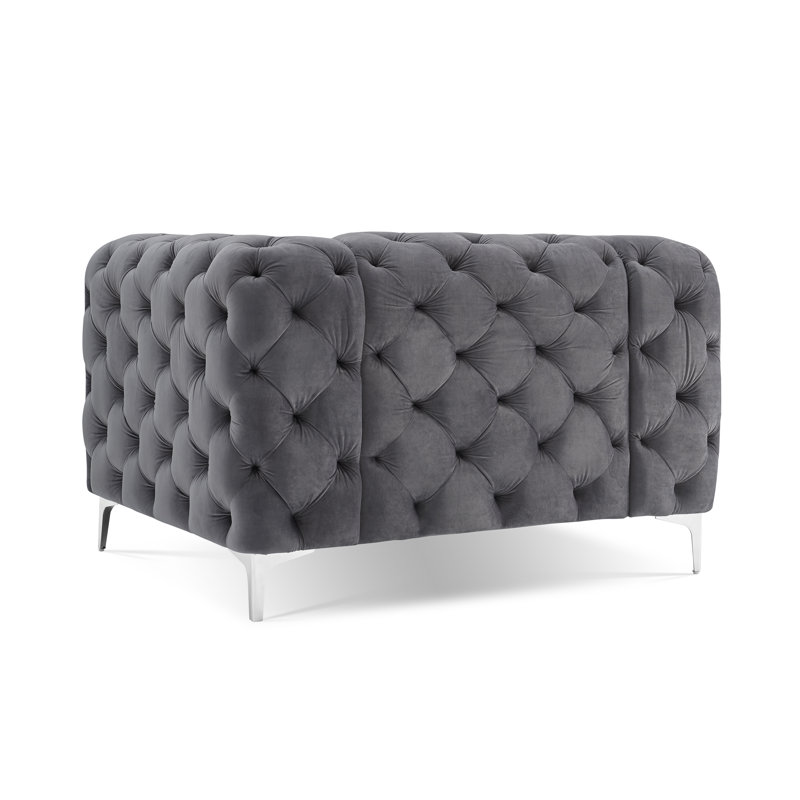 Willa 48" Wide Tufted Velvet Chesterfield Accent Chair with Chrome Legs, Gray Velvet, Chrome
