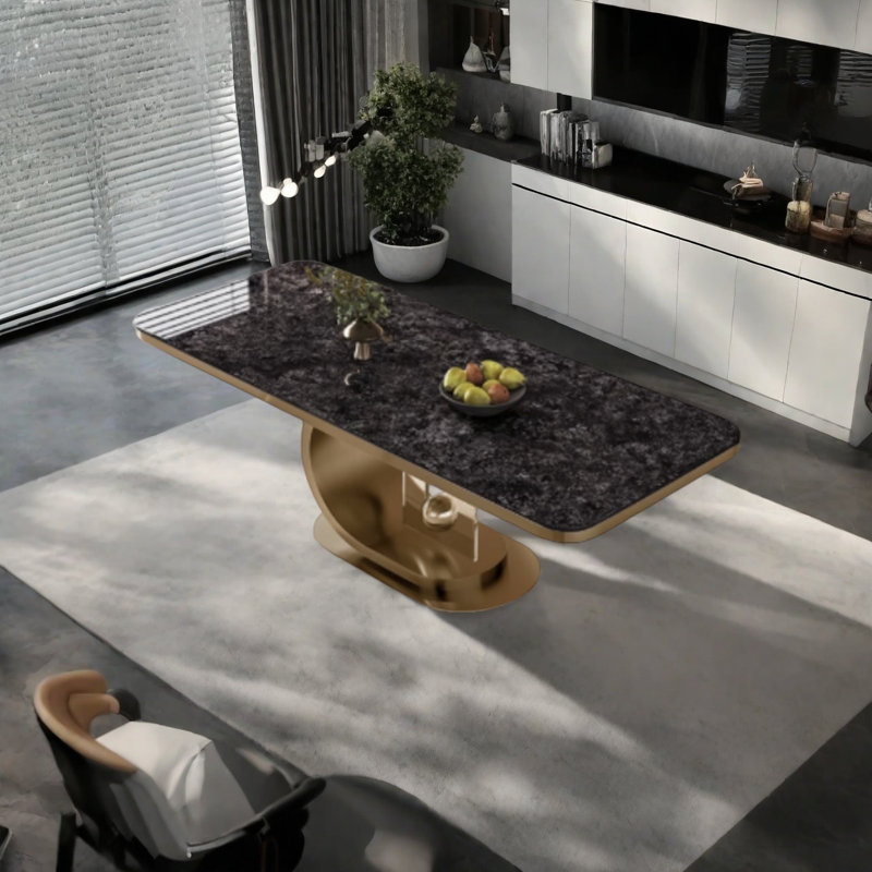 Table de salle à manger en pierre frittée avec base en acier acrylique, H 29,5 po x L 55,1 po x l 31,4 po, Noir, Doré