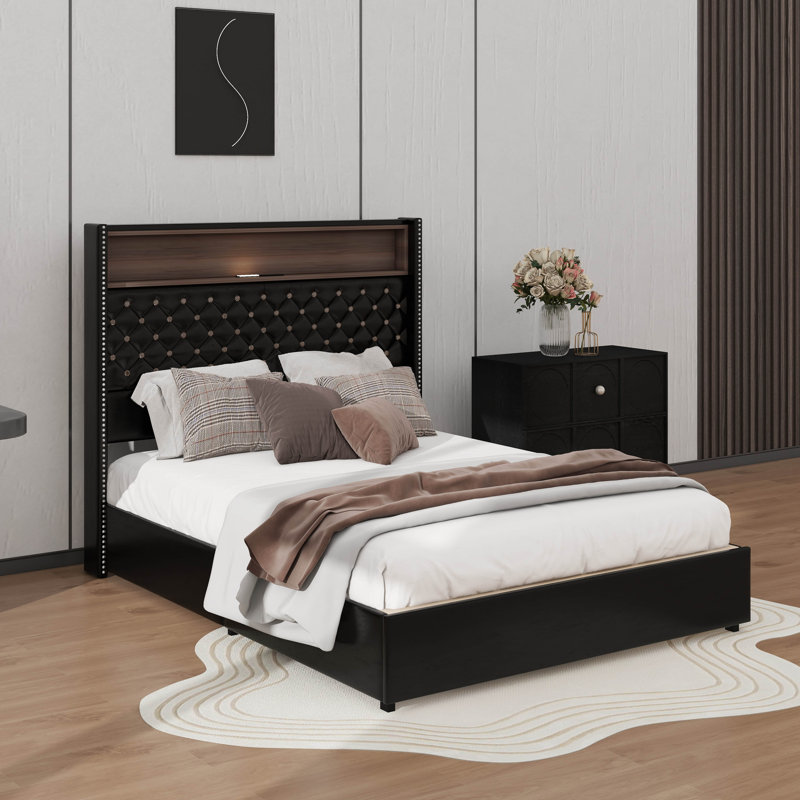 Structure de lit double en velours capitonné pleine grandeur, avec USB et veilleuse, lit plateforme à oreilles avec tablette de tête de lit intégrée