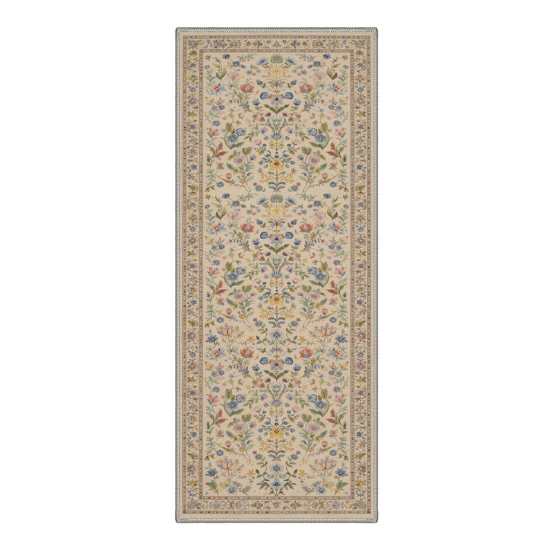 Allsop Verdant Floral Machine Washable Beige / Green / Blue Indoor Area Rug with Non-Slip Backing, Runner 2'6" x 8'