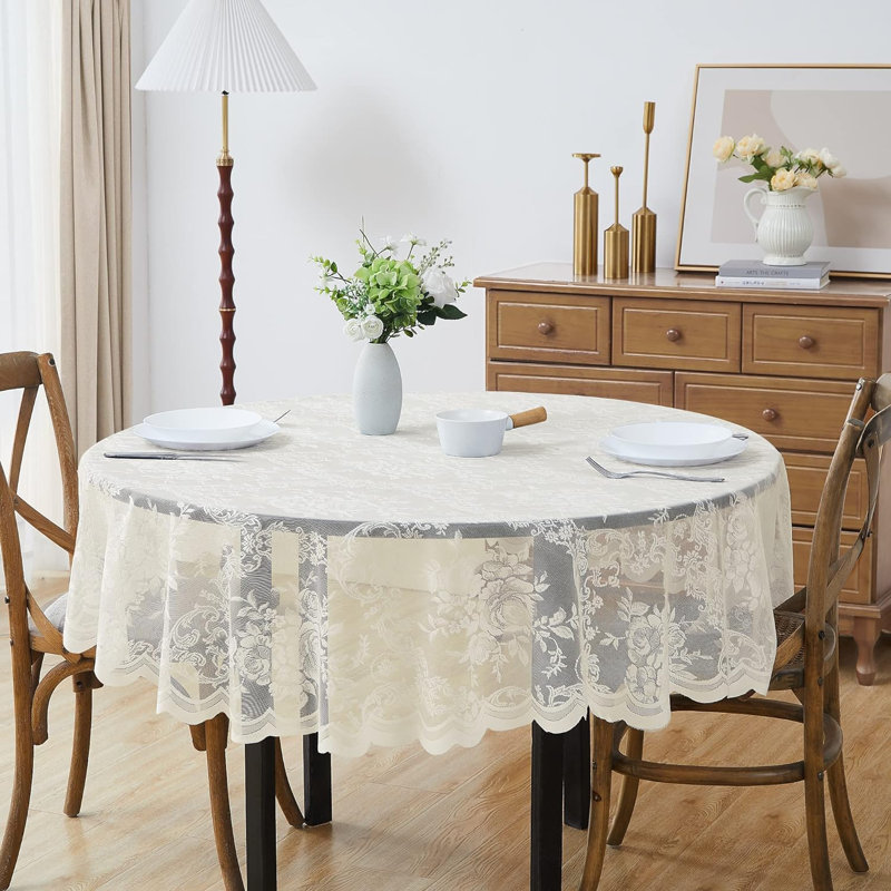 Lace Round Tablecloth With English Rose Design, Ivory, 60" W x 60" L