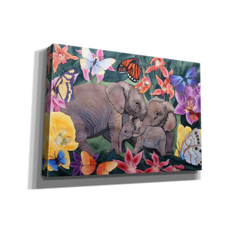 «Elephants and Butterflies» par Carissa Luminess, art mural sur toile, H 18 po x l 26 po x P 0,75 po