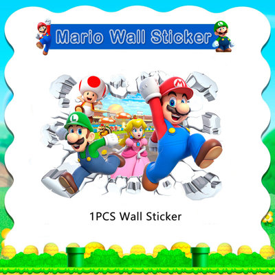 1 pièces de décalcomanies murales super mario pour filles / garçons, chambre à coucher, ensemble de décorations d'anniversaire super mario