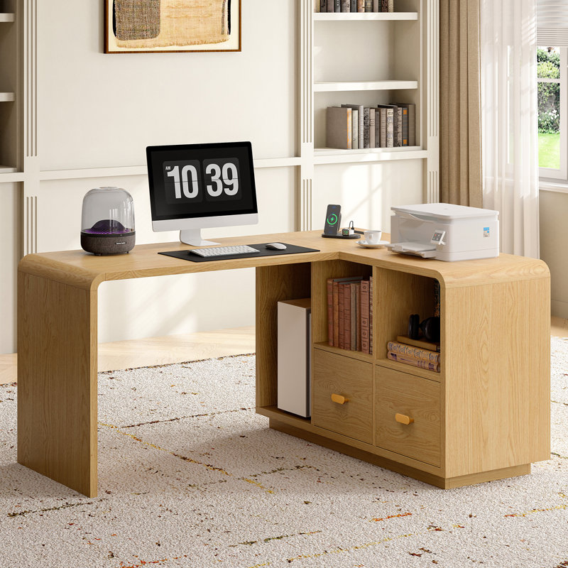 58" Executive L Shaped Desk, Home Office Desk With File Drawers, Computer Desk With Power Outlets And Storage Shelves, Oak