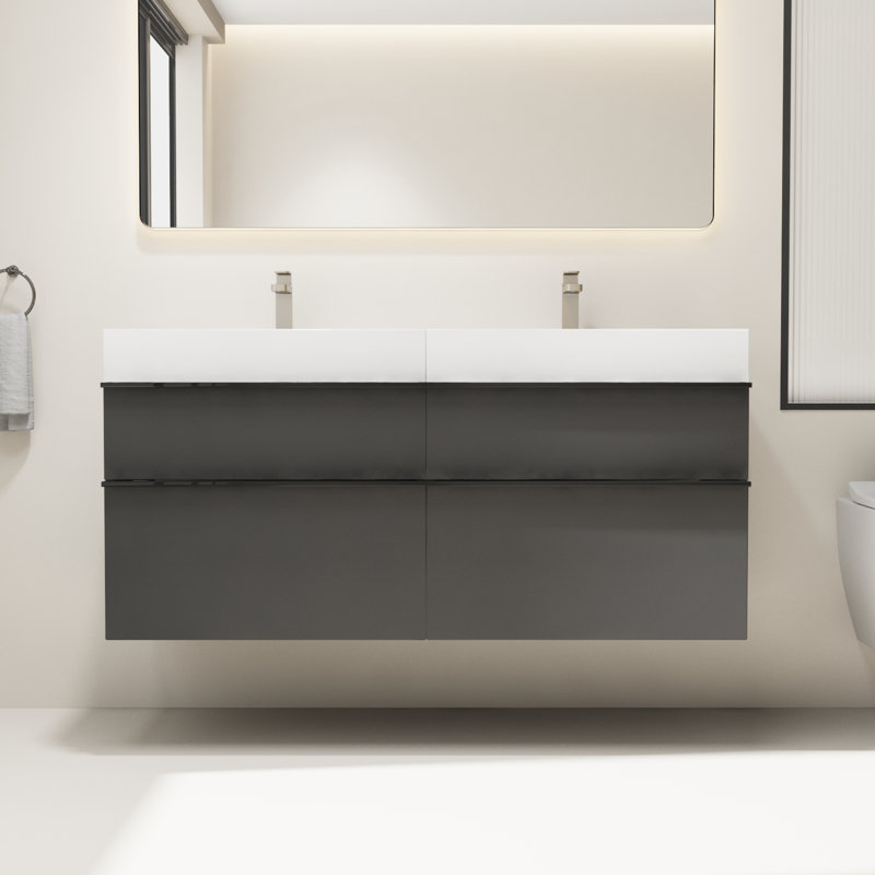 Ensemble de meuble-lavabo double mural 48 po avec lavabos, lavabos intégrés en acrylique et 4 tiroirs à fermeture en douceur, armoire de rangement à finition mate douce, noir