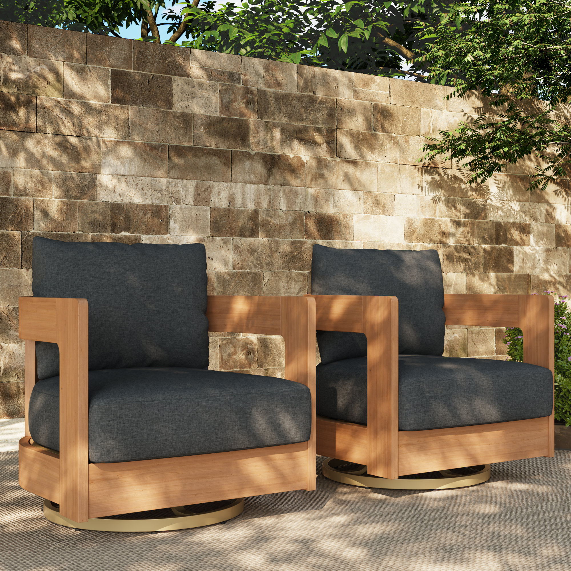 Frances Eucalyptus Outdoor Swivel Chairs (Set of 2), Black