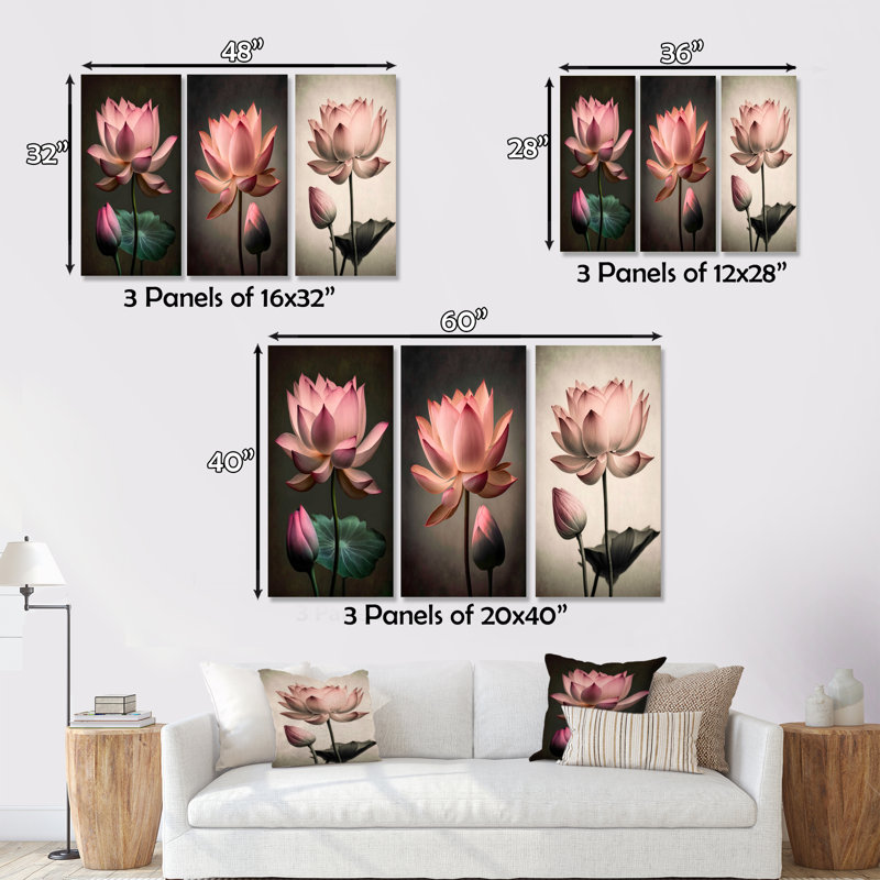 Fleur de lotus rose rétro 3 pièces, H 28 po x l 36 po x P 1 po