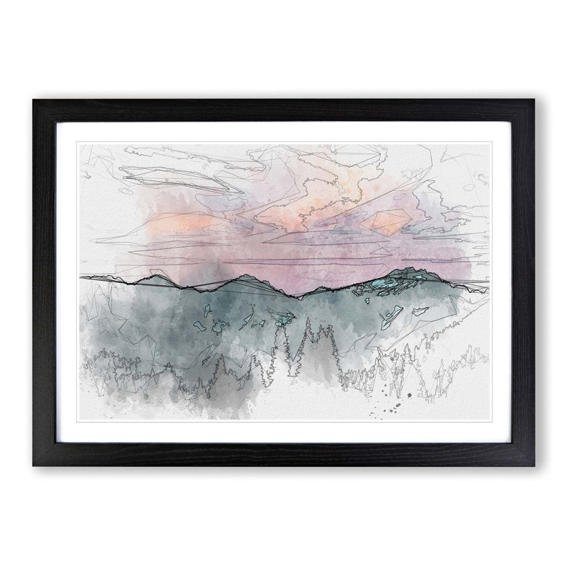 Mountain Divide in Abstract - Picture Frame Drawing Print, 36cm H x 48cm W x 2cm D, Black Framed
