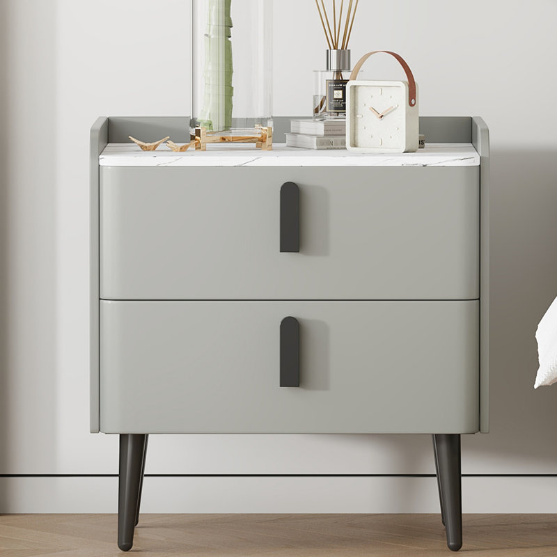 Table de chevet grise avec plateau en marbre et 2 tiroirs de rangement spacieux, table de bout à côté pour l'organisation de la chambre à coucher