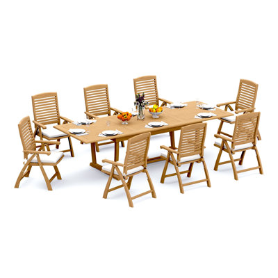 6 Seats 7 Pcs Grade-A Teak Wood Dining Set: 118" Double Extension Mas Rectangle Trestle Leg Table And 6 Ashely Folding Reclining Arm Chairs #11AS2506