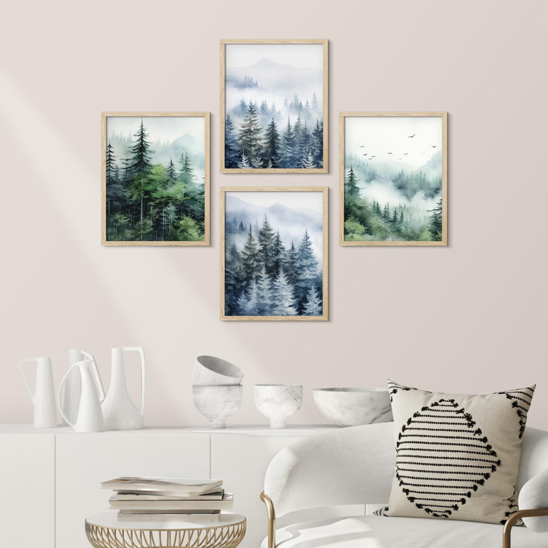 " Green And Teal Watercolor Forest Pine Trees Decor " 4 - Pieces, Natural, 10" H x 8" W
