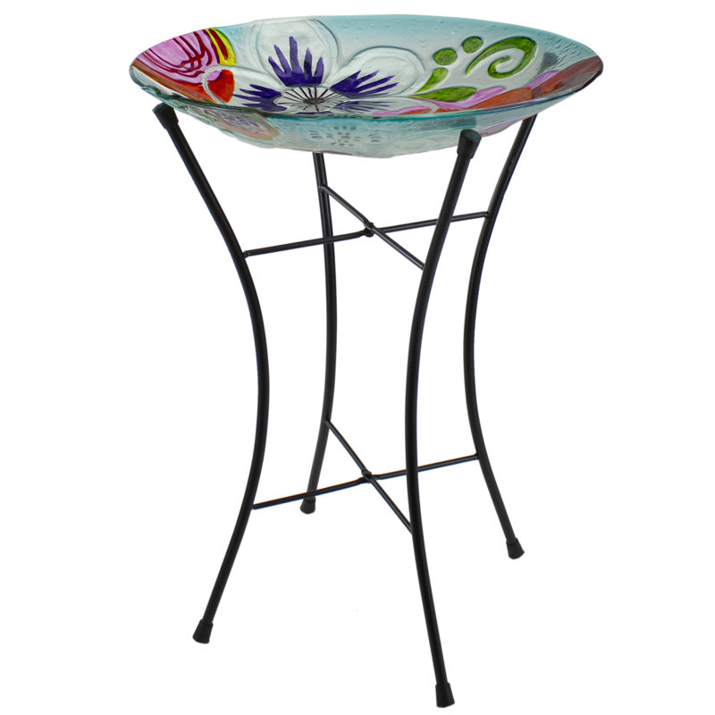 21" White and Multicolor Hand Painted Floral Glass Outdoor Birdbath with Stand