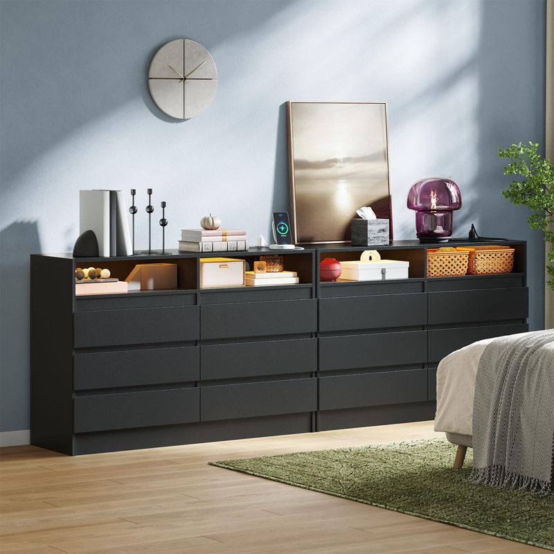 Commode 6 tiroirs avec station de charge et lumières DEL, commode moderne avec prises de courant pour la chambre à coucher