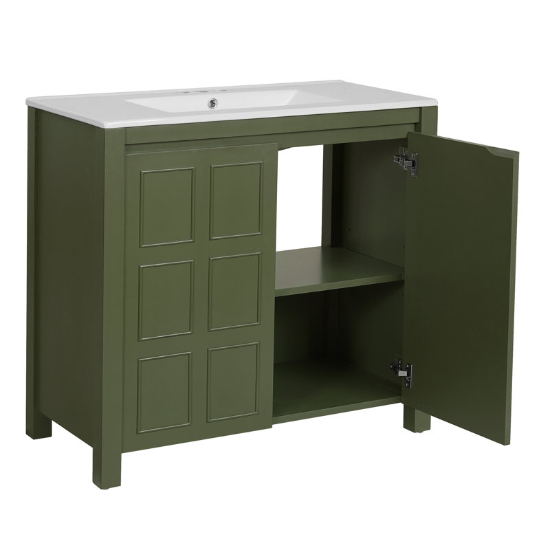 Organisateur de meuble-lavabo 36 po avec lavabo en céramique, ensemble d'armoire de rangement, vert olive (Ancien SKU: SV000004AAF)